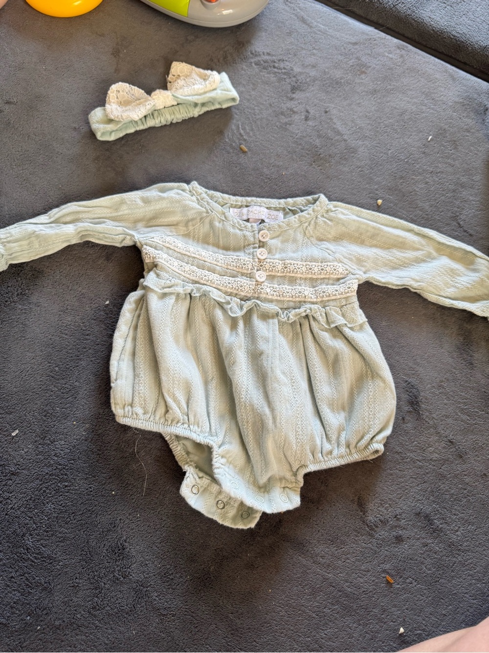 Baby Long-Sleeve One-Piece Romper in Sage with Lace Trim